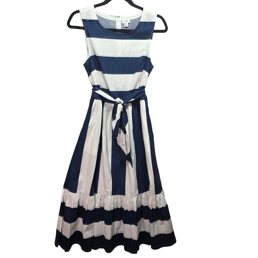 J Crew Striped Sleeveless Midi Dress Womens 6 Pockets Belted Blue White Striped